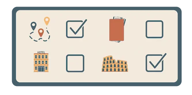 Illustration d'une check-list de voyage avec passeport, hôtel et étapes à valider par Terra Luma Voyage
